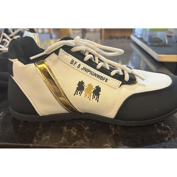 Fashion Sneakers LowTop Lace Up Size 7 BF 8 JNIPIGNWBF8 B&W Gold Trim Designer - Picture 8 of 16